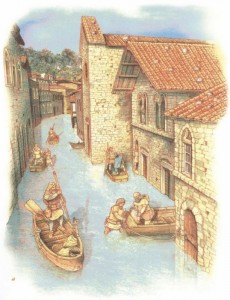 Inondazione lungo l'attuale Via Guglielmi (tra XV e XIX secolo) .Copyright : Tavola da Donato Spedaliere Inondazione lungo l'attuale Via Guglielmi (tra XV e XIX secolo) .Copyright : Tavola da Donato Spedaliere