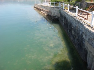 Versant extérieur de notre digue où les roches sous l'eau sont très visibles, le 1/04/2010