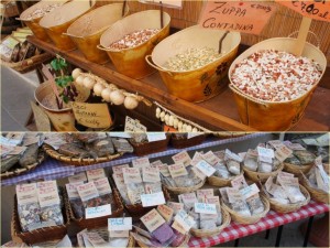 Commerces locaux : étalages de légumes secs ou de mélanges divers pour pâtes.