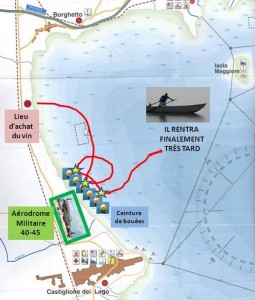 Errements lors du trajet de retour de Celestino. Les étoiles indiquent les heurts avec la barrière de bouées (le 1° l'étoile du milieu, le 2° l'étoile supérieure, le 3° l'étoile inférieure)