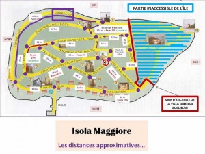 Plan des différents sentiers de l'Isola Maggiore (distances, % des pentes) avec mise en évidence de la "strada di lungolago".
