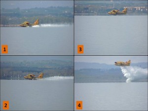 1: Remplissage d'eau - 2: remplissage terminé, le nez de l'appareil se soulève amorçant le décollage - 3: l'appareil prend un peu de hauteur - 4: largage de l'eau à basse altitude.