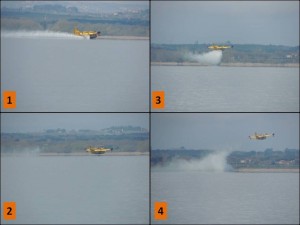 1: l'amerrissage pour le remplissage en eau - 2: décollage à plein - 3: vidange rapide, à basse altitude, de l'eau emmagasinée - 4: fin du déversement de l'eau.