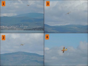 1 & 2: Passage au dessus de Tuoro en direction de l'Isola Minore - 3: début de virage vers l'Isola Maggiore - 4: fin du virage vers l'Isola Maggiore.