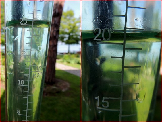 Niveau du pluviomètre de notre jardin à l'Isola Maggiore après la pluie diluvienne du 3 juin 2013.