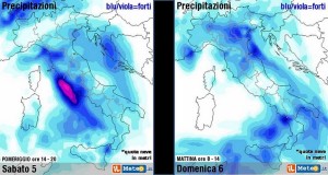 Tableu des précipitations pluvieuses attendues pour le samedi 5 septembre après-midi et le dimanche 6 au matin   -   Bleu/violet = intense !