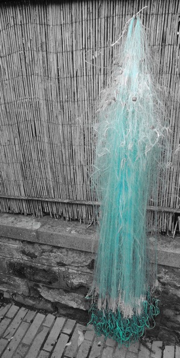 Toujours via Guglielmi, un filet de pêche - Tons verts sur fond de tiges de bambous.