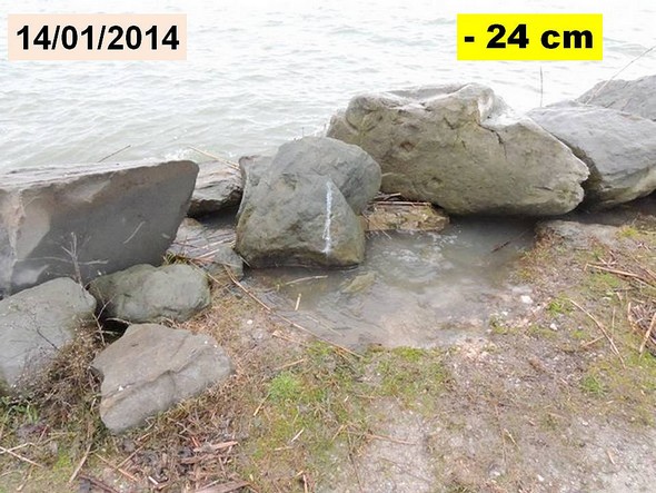 L'eau du Trasimène s'infiltre à travers les amas de roches ajoutés en 2011 - Le niveau du lac Trasimène est indiqué dans la case JAUNE.