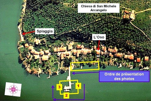 Carte partielle de l’Isola Maggiore avec, dans les deux encadrés JAUNES, la portion de rive correspondant aux photos de cet article.