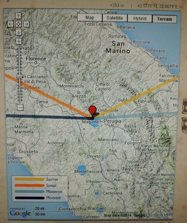 Pour ce mercredi 30 juillet 2014, heures et directions des levers et couchers de soleil et de la lune selon le programme "The Photographer's Ephemeris" .