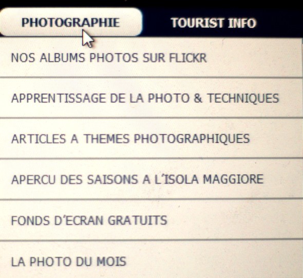 Menu déroulant apparaissant après avoir cliqué sur PHOTOGRAPHIE.