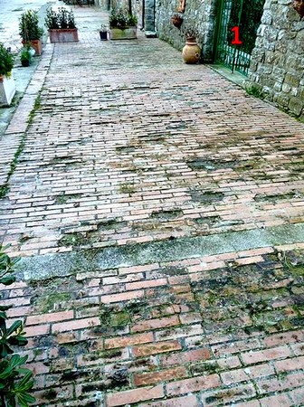 La degradazione più grave, di fronte al giardino del ristorante "Da Sauro".1 = Ingresso al giardino del ristorante "Da Sauro".