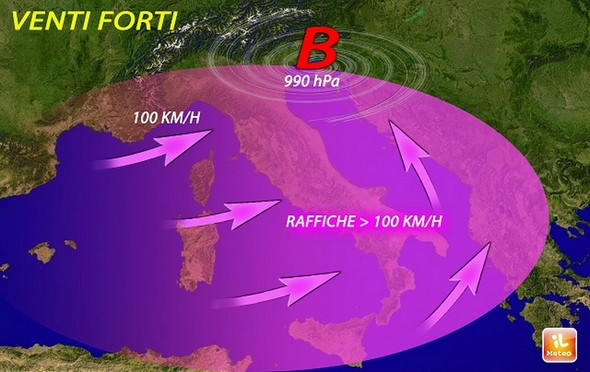 Carte météo pour les 9 et 10 février 2016.Violents vents du Ponant avec des rafales supérieures à 100 km/H.