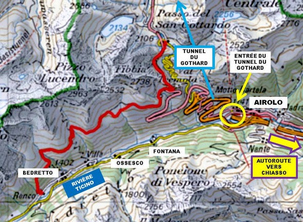 Carte pour situer Bedretto, lieu réel de notre étape !