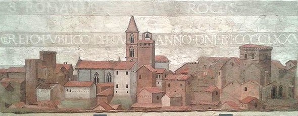 Vue de Deruda.Détail de la fresque "" Eterno e Santi Romano et Rocco", réalisée par Le Pérugin.Pinacoteca Comunale, Deruda.Environ 1477-1478.