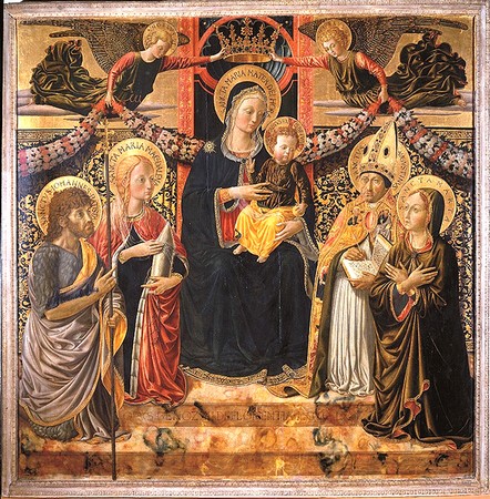 La Madone et l'Enfant, deux anges, sainte  Marie Madeleine, saint Jean Baptiste, saint Augustin et sainte Marte.Tempera su tavola.1466- 1467 Museo Civico (San Gimignano